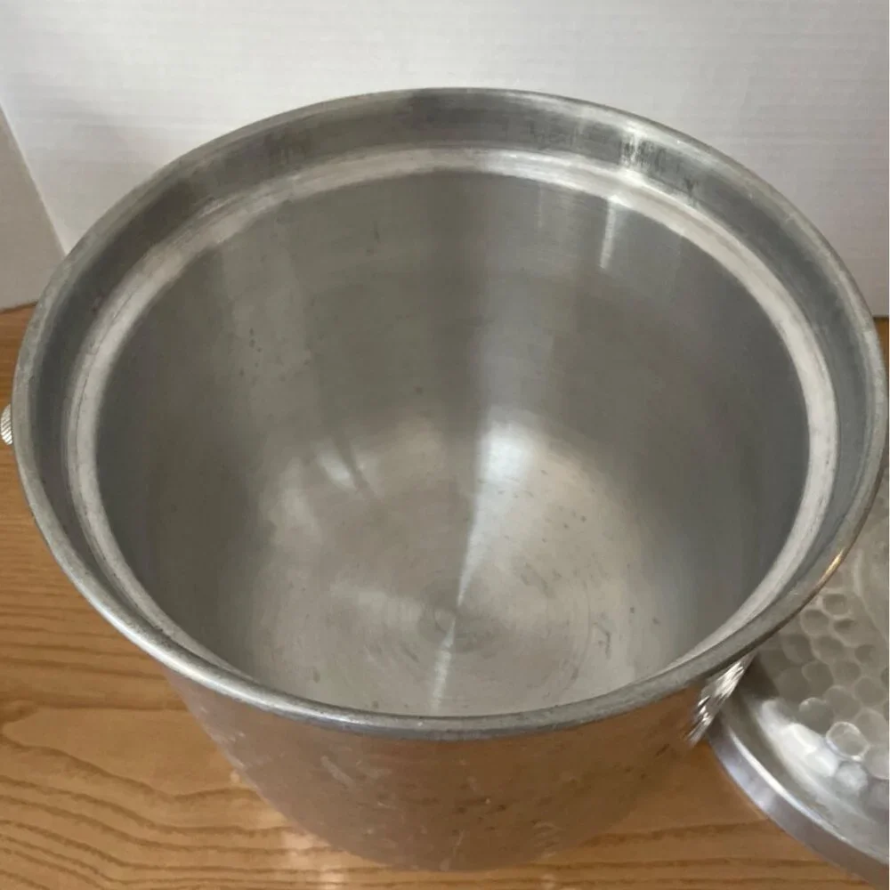 Vintage MCM Ice Bucket Nasco Italy Hammered Aluminum w Lid & Handle Retro Decor